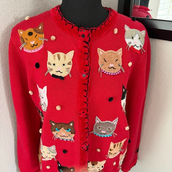 VINTAGE 80s Berek by Takako Sakon Red Cat Cardigan Sweater Medium - Picture 7 of 15